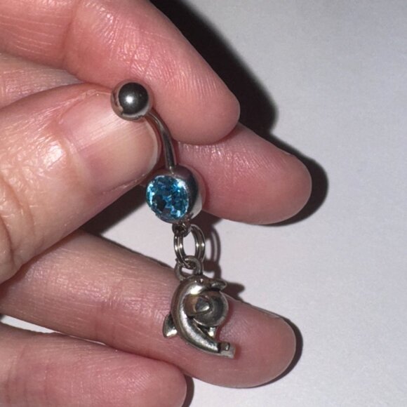 Aqua Blue Dolphin with Ball Dangle Belly Ring - Picture 8 of 16
